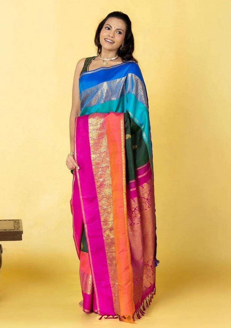 Bottle Green Handloom Korvai Kanchipuram Silk Saree With Ganga Jamuna With Korvai And Temple Border Design For Women - Indya