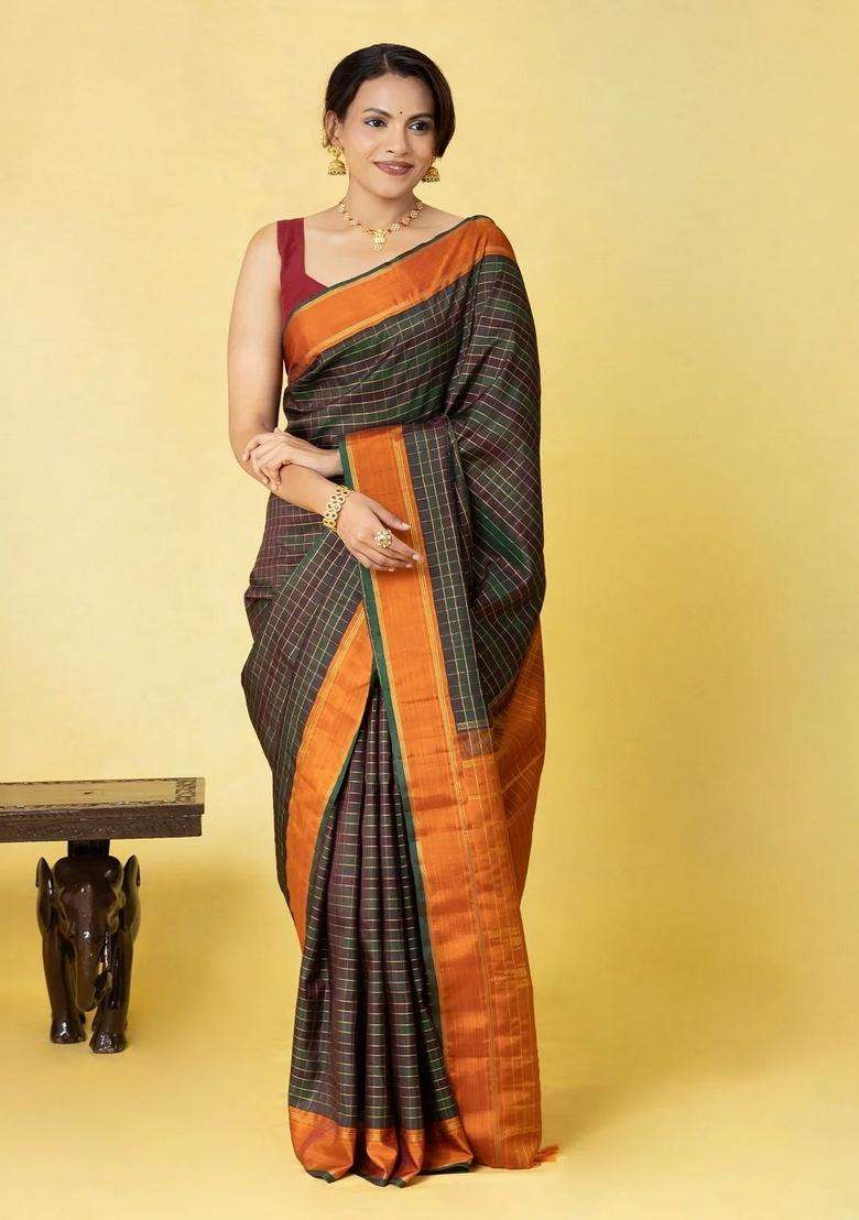 Bottle Green Handloom Kanchipuram Silk Saree With Checks Contrast Border With Checks And Stripes Design For Women - Indya