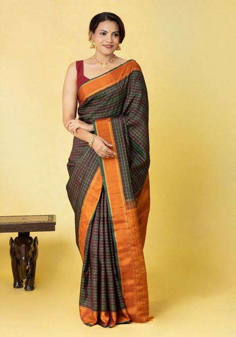 Bottle Green Handloom Kanchipuram Silk Saree With Checks Contrast Border With Checks And Stripes Design For Women