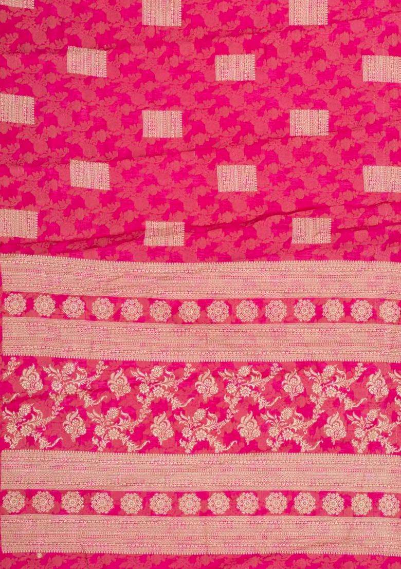 Pink Printed Synthetic Dola Silk Linen Saree With Floral Motifs For Women - Indya