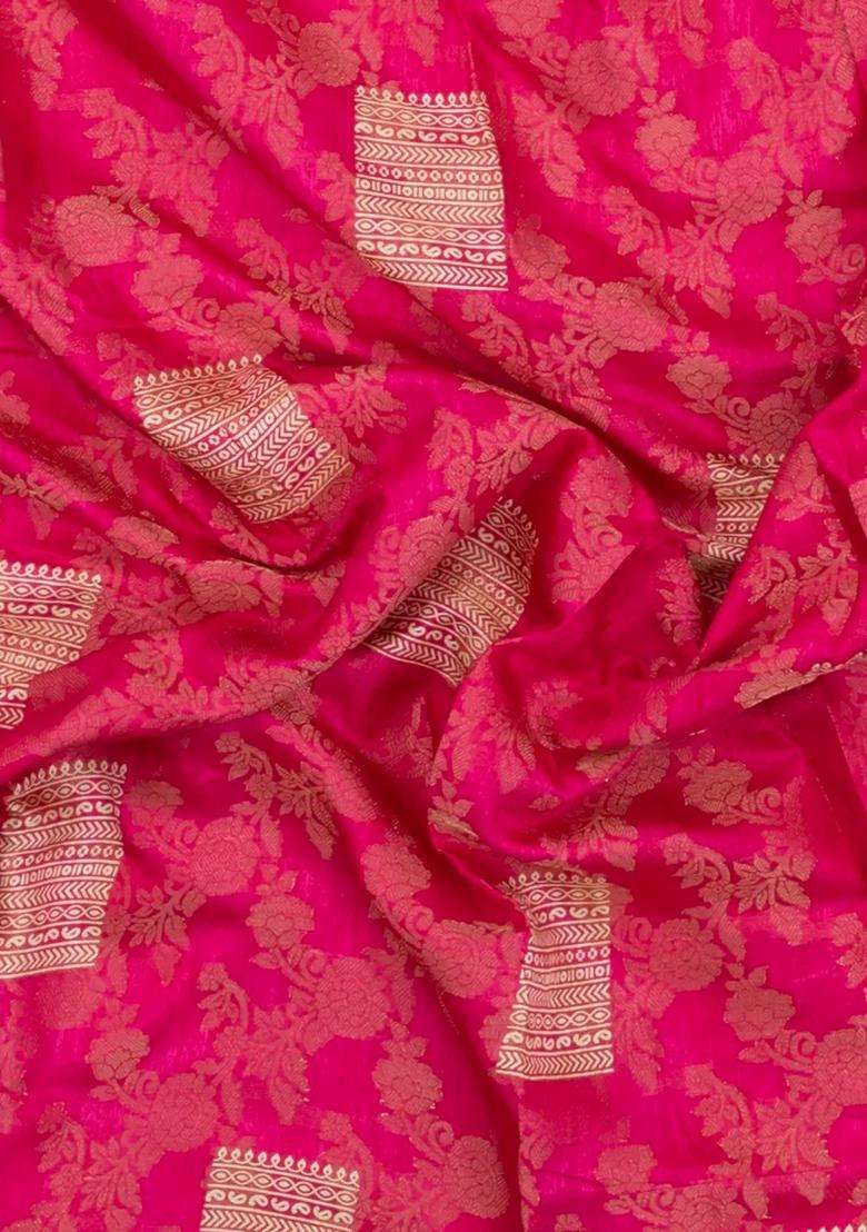 Pink Printed Synthetic Dola Silk Linen Saree With Floral Motifs For Women - Indya