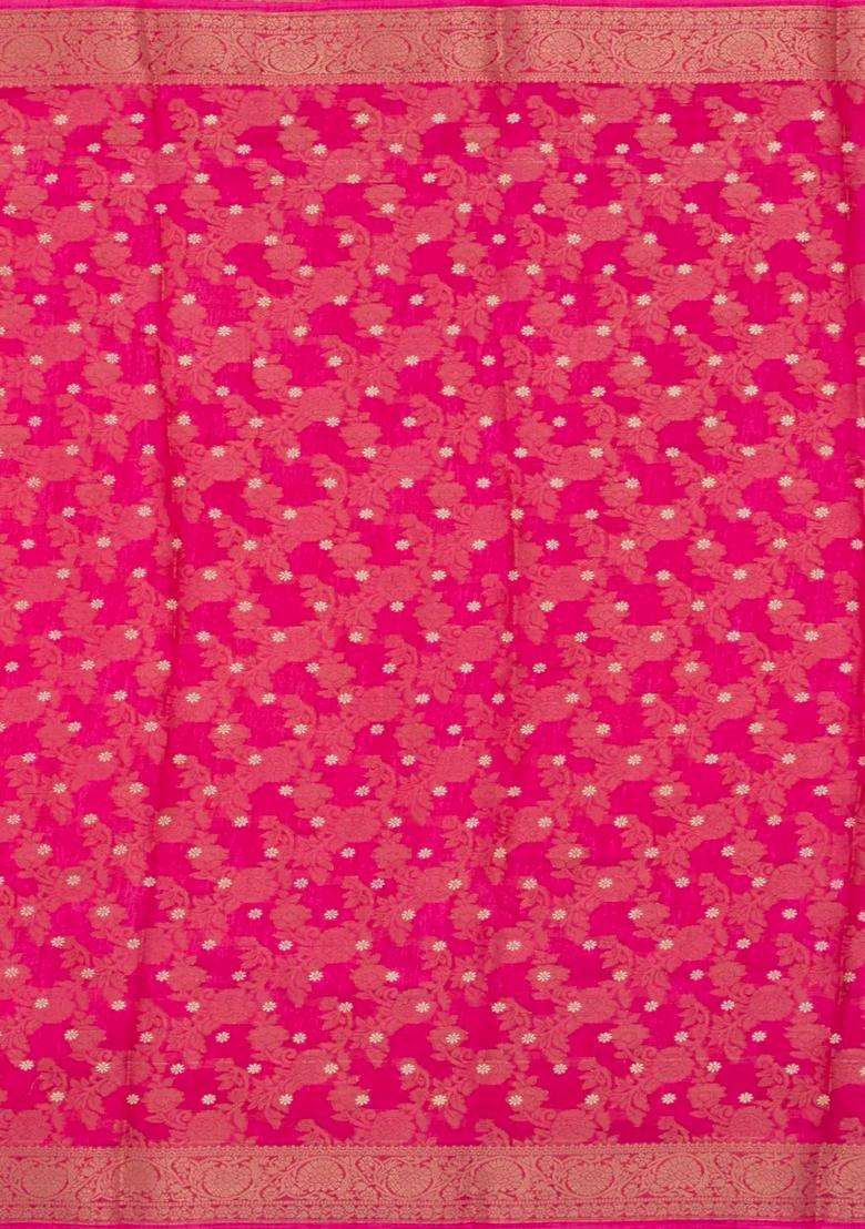 Pink Printed Synthetic Dola Silk Linen Saree With Floral Motifs For Women - Indya