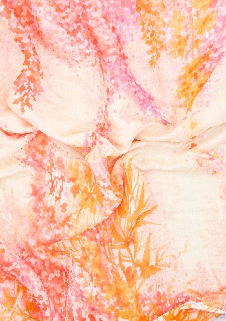Cream Printed Synthetic Linen Saree With Abstract Motifs For Women - Indya