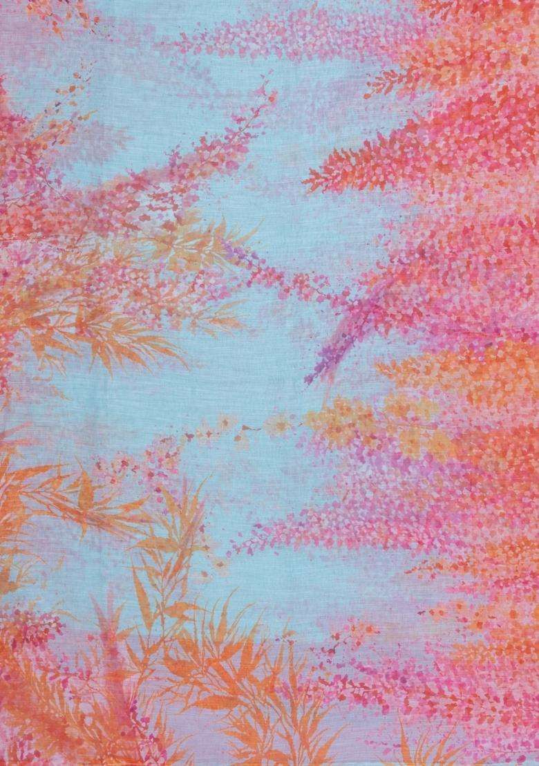 Turquoise Printed Synthetic Linen Saree With Abstract Motifs For Women - Indya