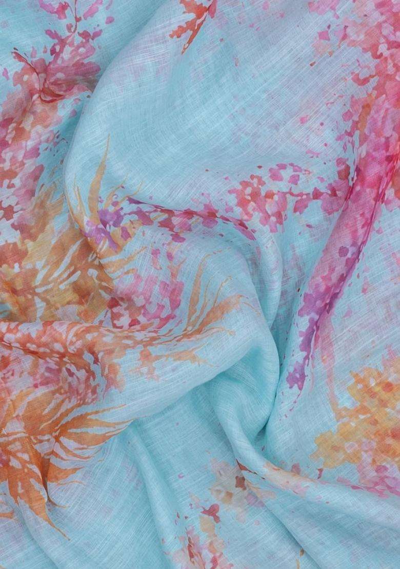 Turquoise Printed Synthetic Linen Saree With Abstract Motifs For Women - Indya