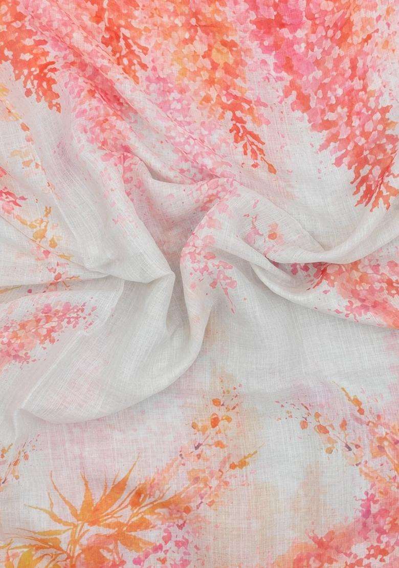 Off White Printed Synthetic Linen Saree With Abstract Motifs For Women - Indya