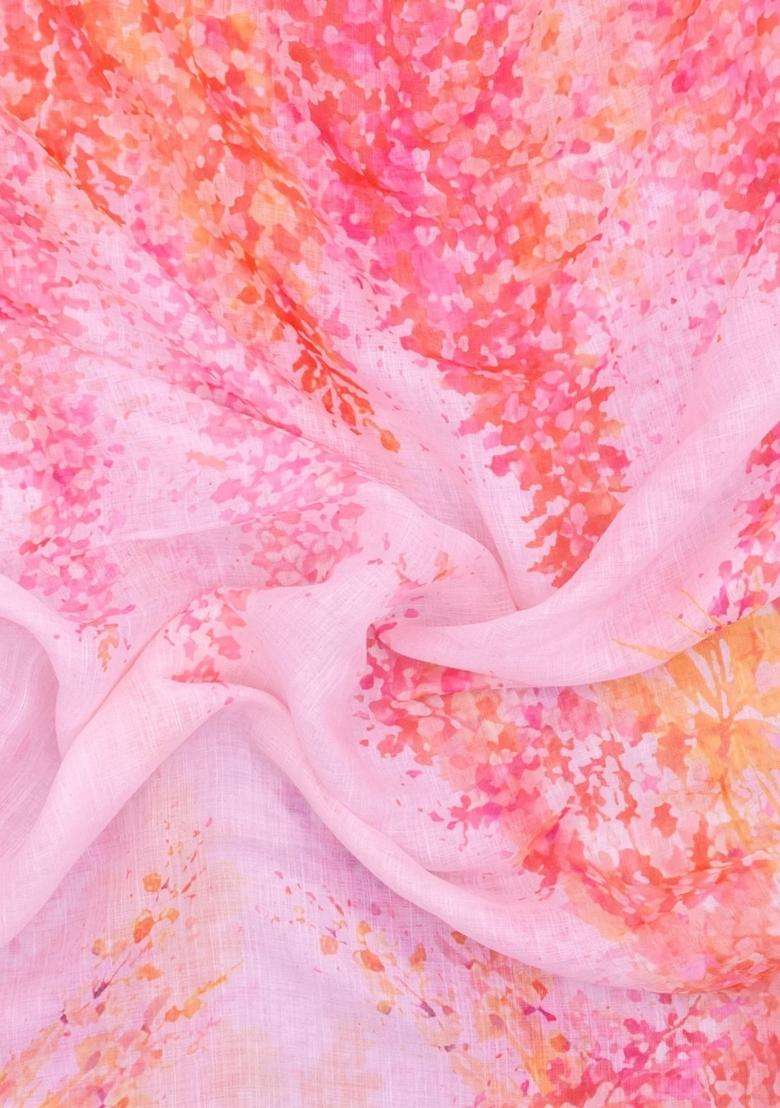 Baby Pink Printed Synthetic Linen Saree With Abstract Motifs For Women - Indya