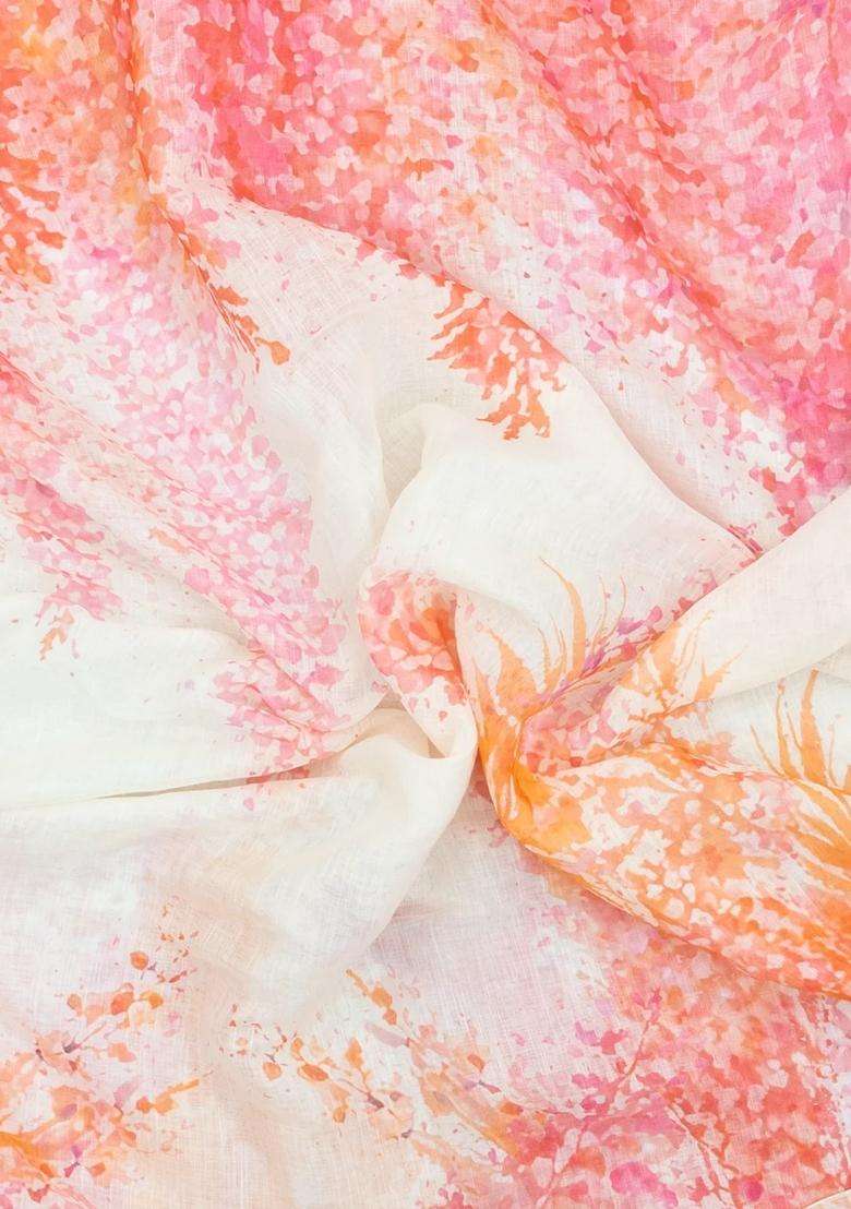 White Printed Synthetic Linen Saree With Abstract Motifs For Women - Indya