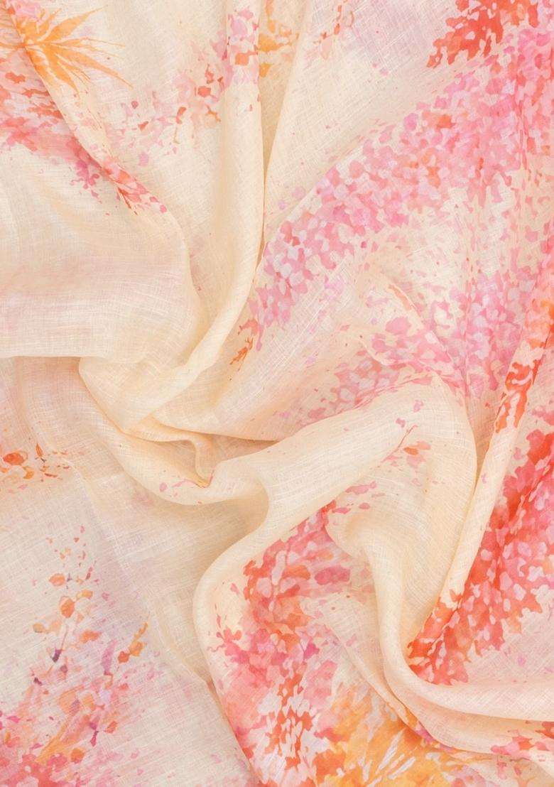Cream Printed Synthetic Linen Saree With Abstract Motifs For Women - Indya
