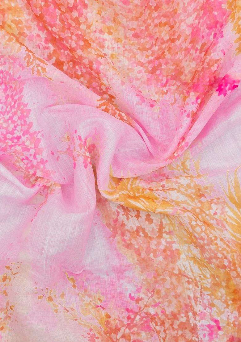 Pink Printed Synthetic Linen Saree With Abstract Motifs For Women - Indya