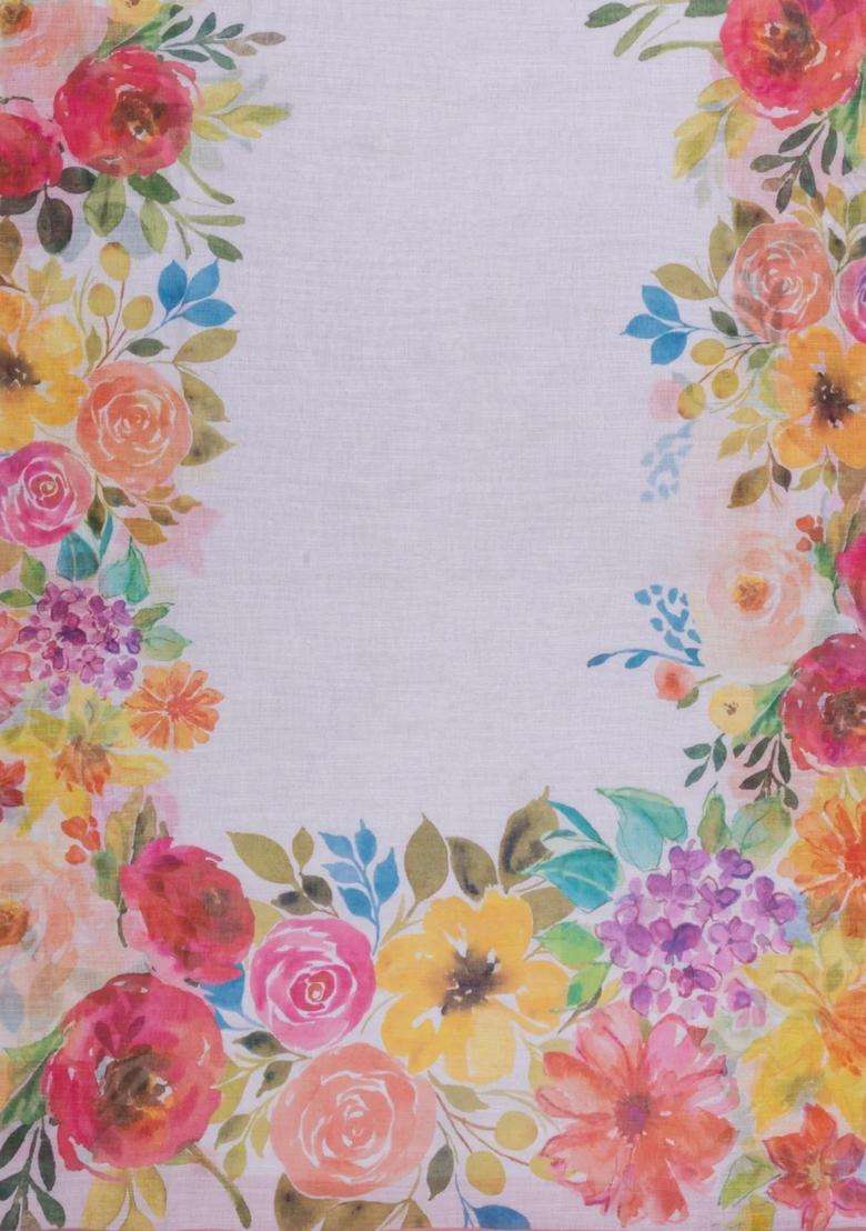Baby Pink Printed Synthetic Linen Saree With Floral Motifs For Women - Indya