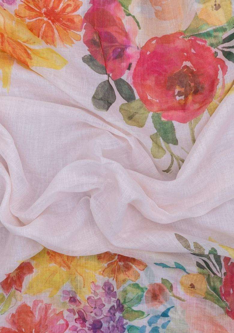 Baby Pink Printed Synthetic Linen Saree With Floral Motifs For Women - Indya