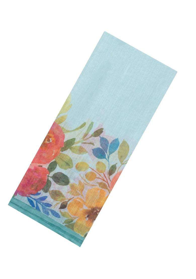 Turquoise Printed Synthetic Linen Saree With Floral Motifs For Women - Indya