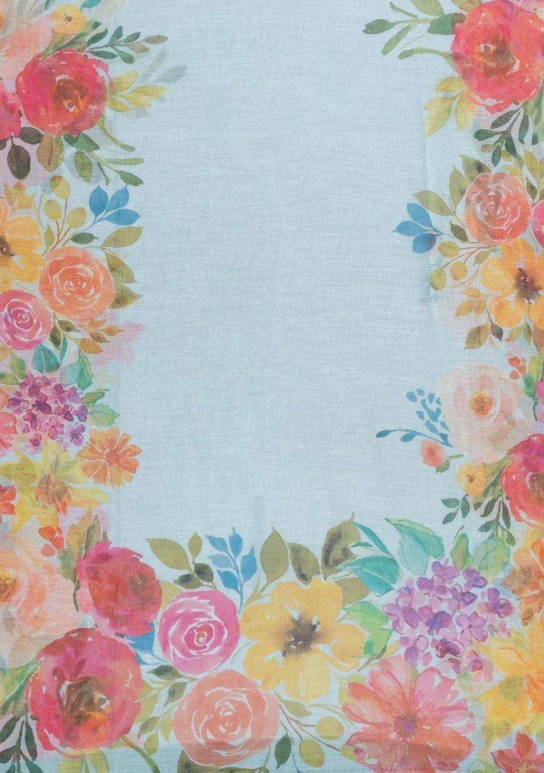Turquoise Printed Synthetic Linen Saree With Floral Motifs For Women - Indya