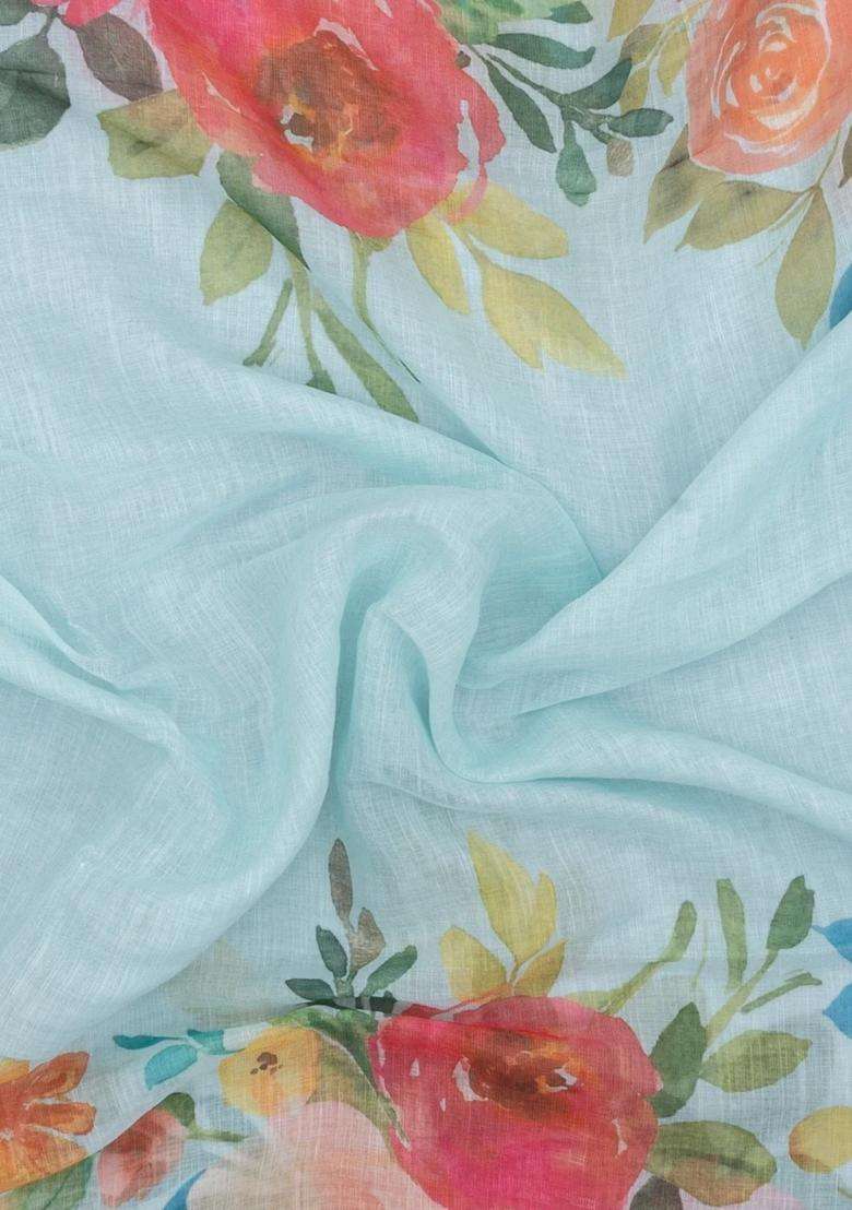 Turquoise Printed Synthetic Linen Saree With Floral Motifs For Women - Indya
