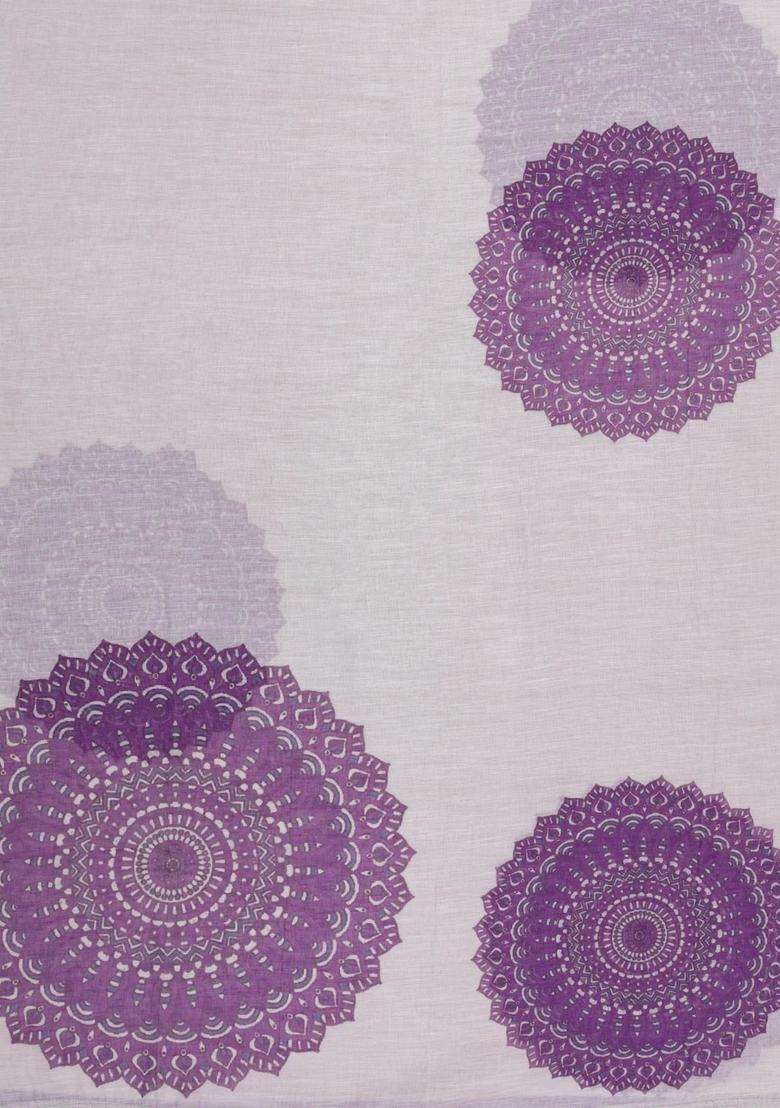 Off White Printed Synthetic Linen Saree With Lilac Floral Motifs For Women - Indya