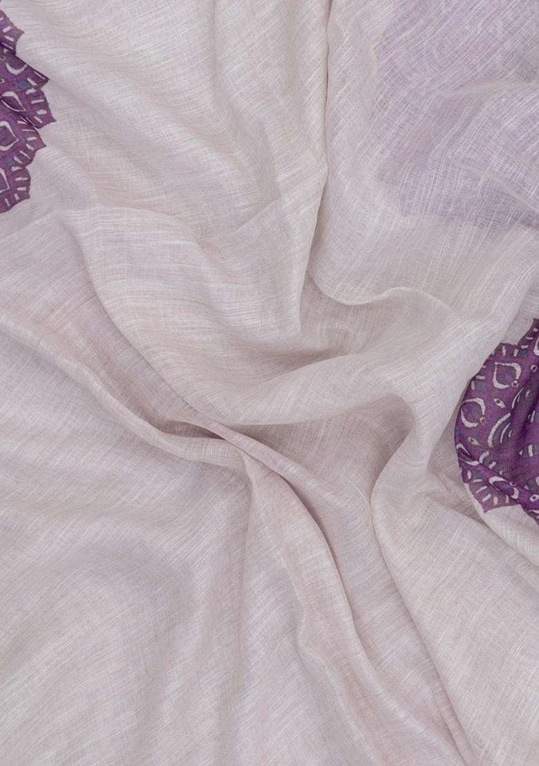Off White Printed Synthetic Linen Saree With Lilac Floral Motifs For Women - Indya