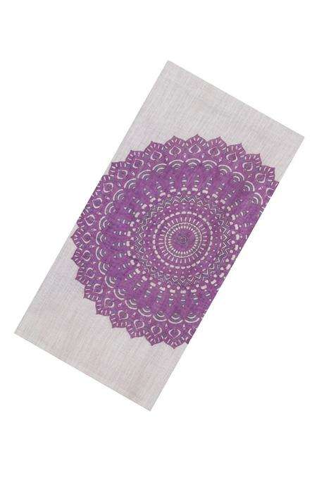Off White Printed Synthetic Linen Saree With Lilac Floral Motifs For Women