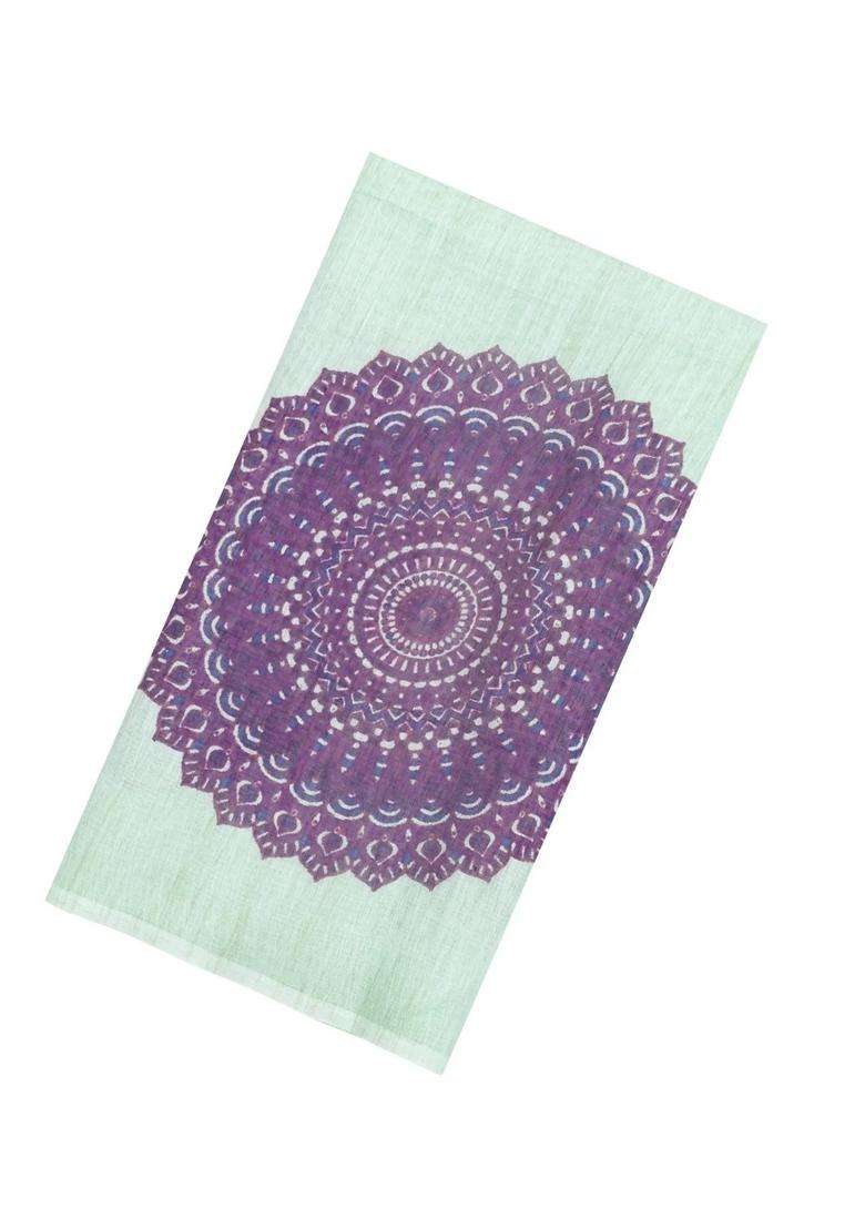 Mint Green Printed Synthetic Linen Saree With Lilac Floral Motifs For Women - Indya