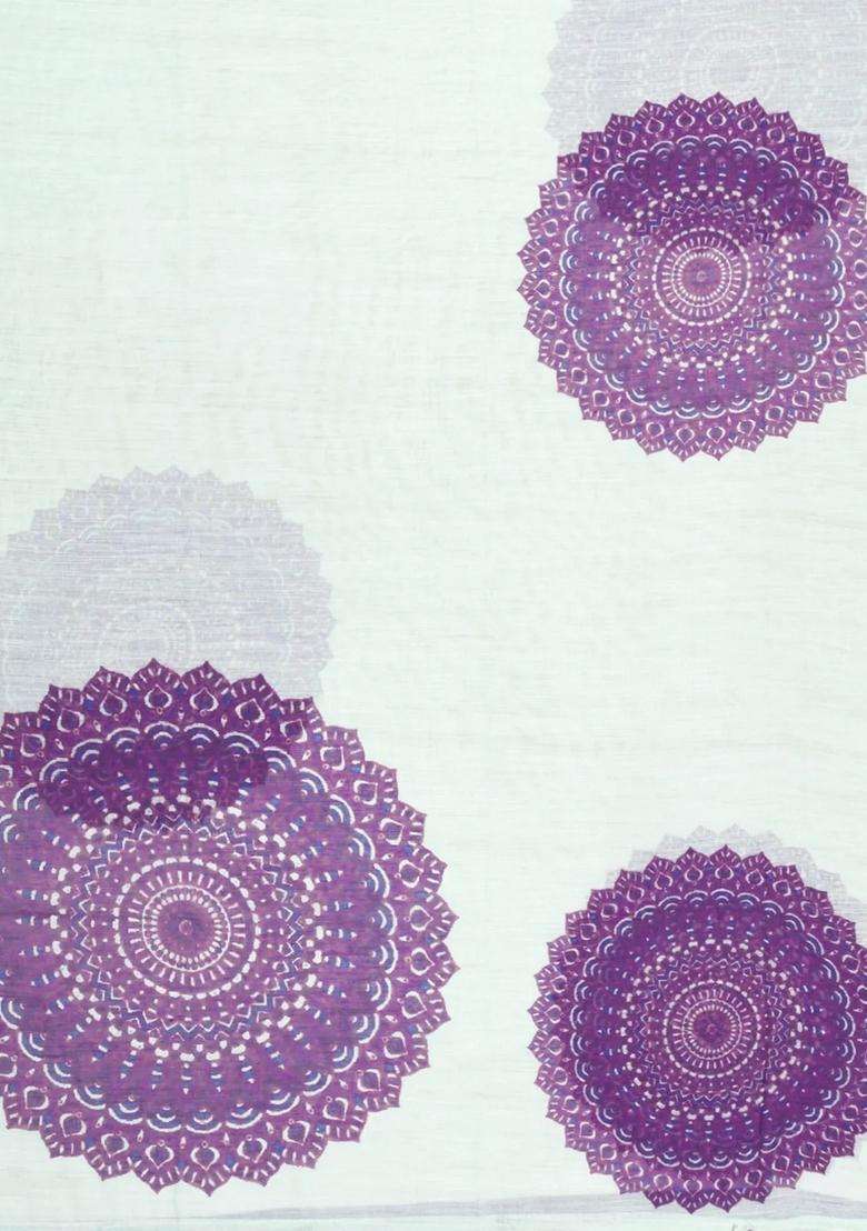 Mint Green Printed Synthetic Linen Saree With Lilac Floral Motifs For Women - Indya