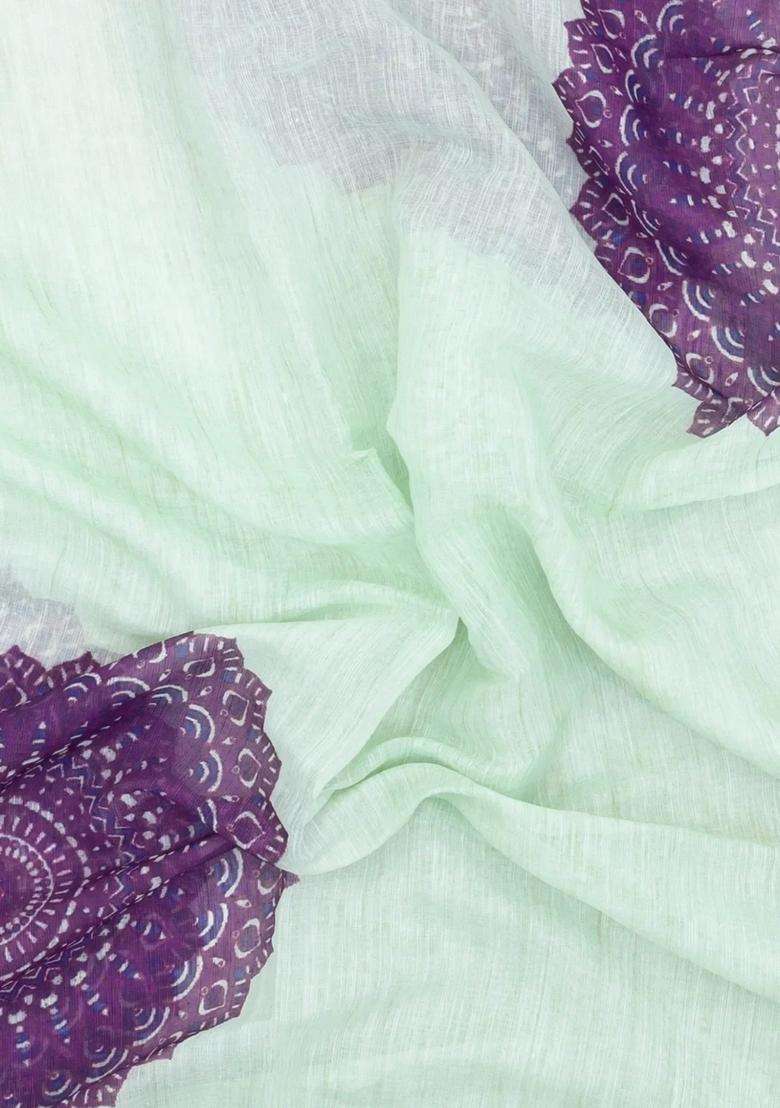 Mint Green Printed Synthetic Linen Saree With Lilac Floral Motifs For Women - Indya
