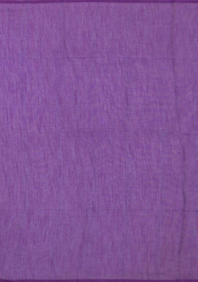 Mint Green Printed Synthetic Linen Saree With Lilac Floral Motifs For Women - Indya