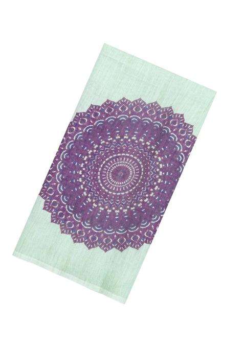 Mint Green Printed Synthetic Linen Saree With Lilac Floral Motifs For Women