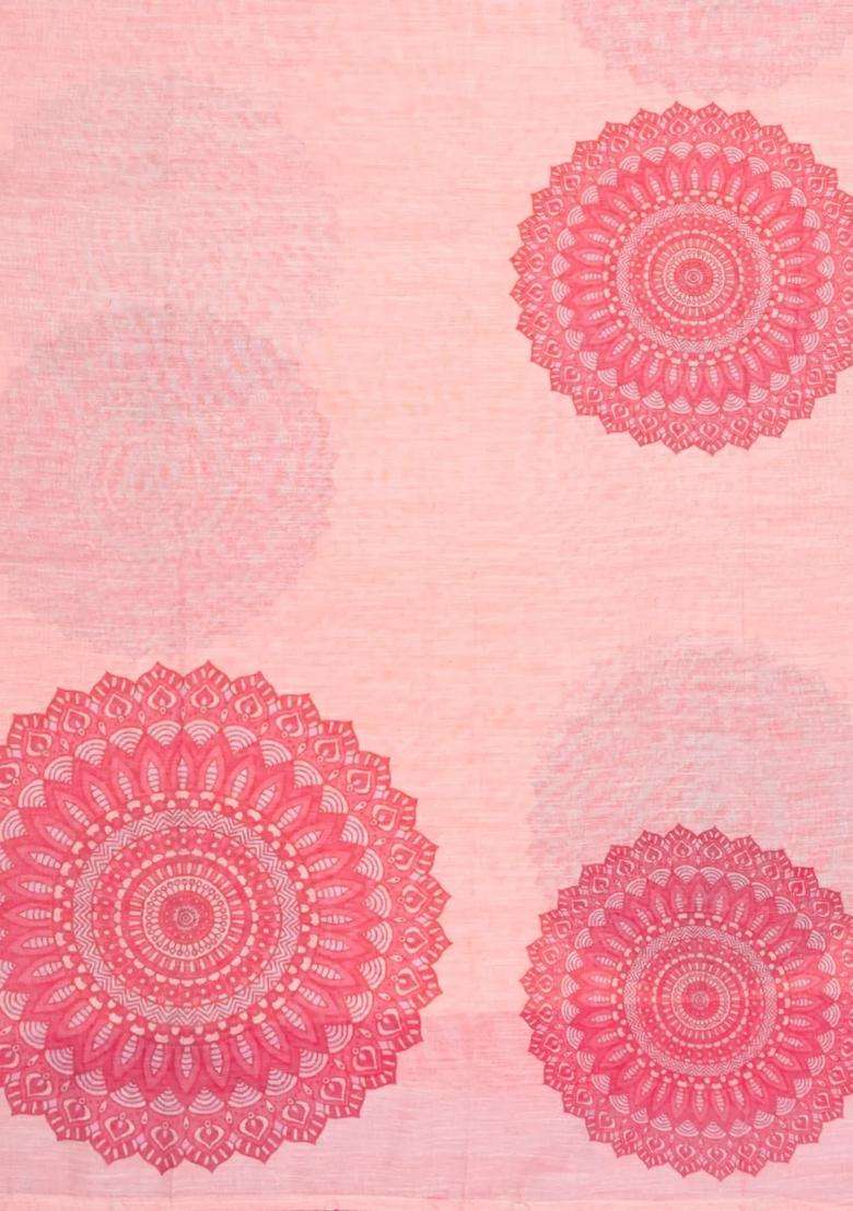 Peach Printed Synthetic Linen Saree With Floral Motifs For Women - Indya