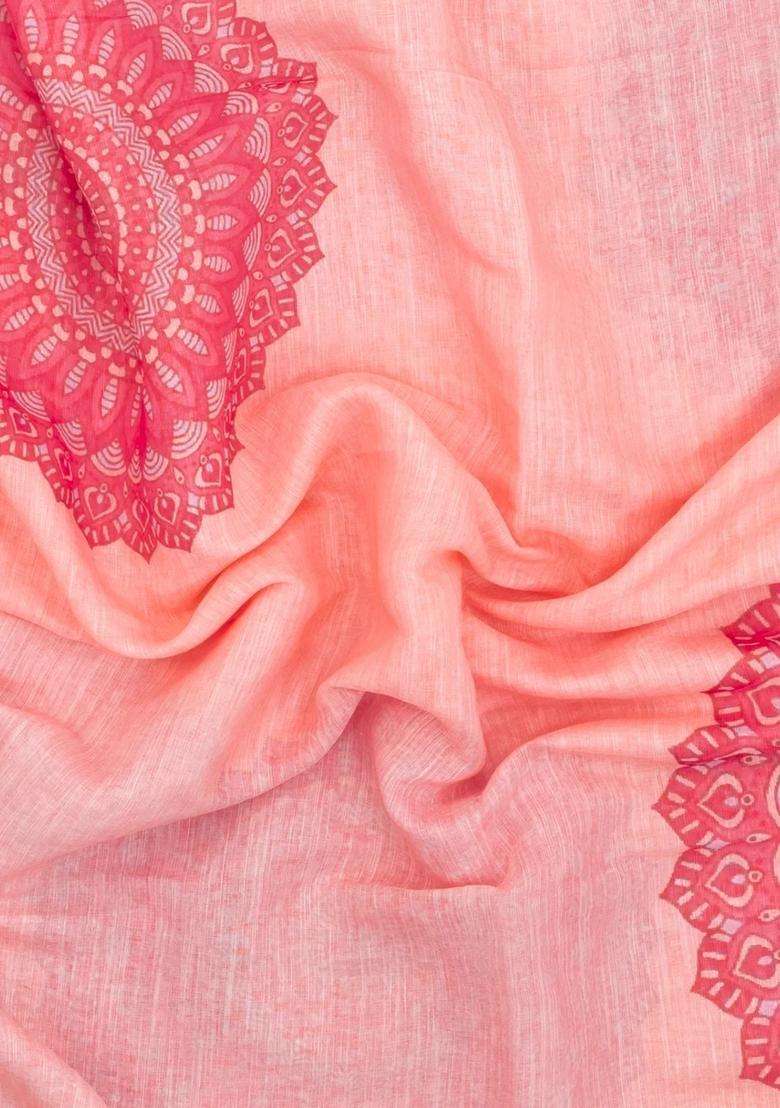 Peach Printed Synthetic Linen Saree With Floral Motifs For Women - Indya