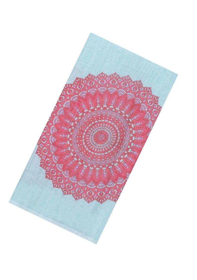 Turquoise Printed Synthetic Linen Saree With Floral Motifs For Women - Indya