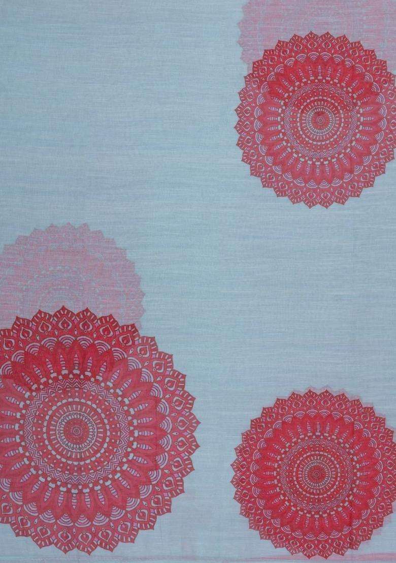 Turquoise Printed Synthetic Linen Saree With Floral Motifs For Women - Indya