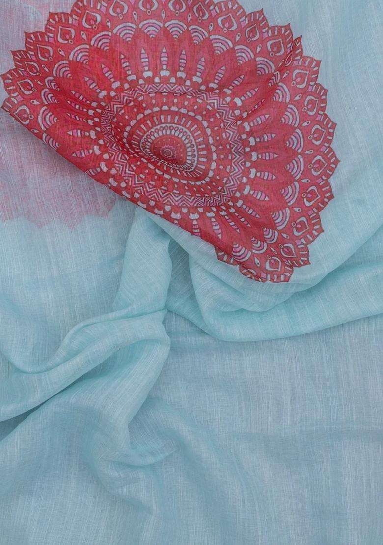 Turquoise Printed Synthetic Linen Saree With Floral Motifs For Women - Indya