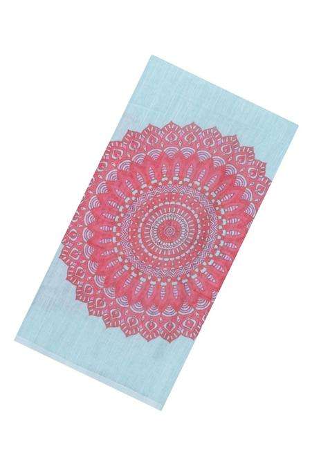 Turquoise Printed Synthetic Linen Saree With Floral Motifs For Women