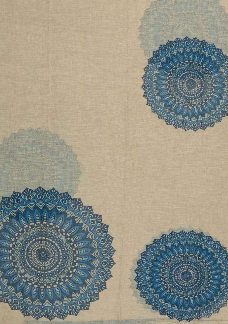 Taupe Printed Synthetic Linen Saree With Floral Motifs For Women - Indya