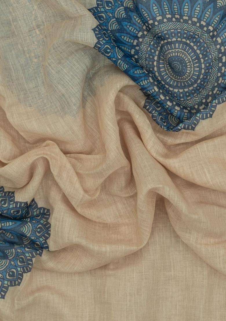 Taupe Printed Synthetic Linen Saree With Floral Motifs For Women - Indya