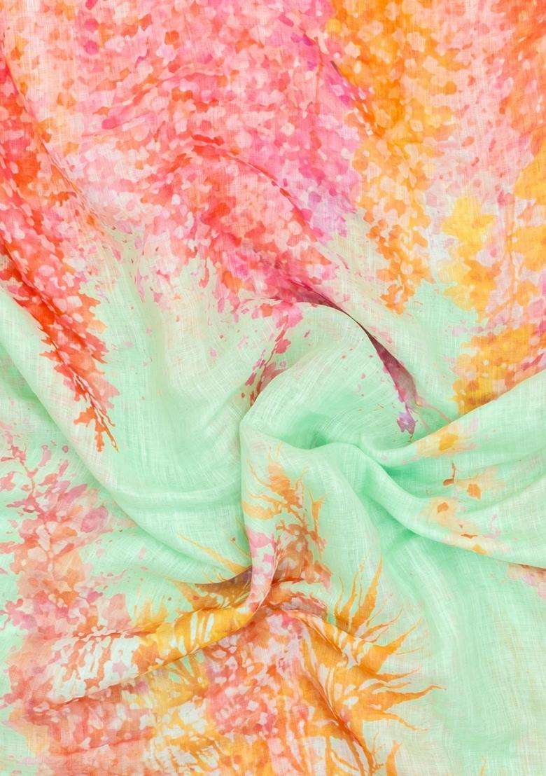 Mint Green Printed Synthetic Linen Saree With Abstract Motifs For Women - Indya