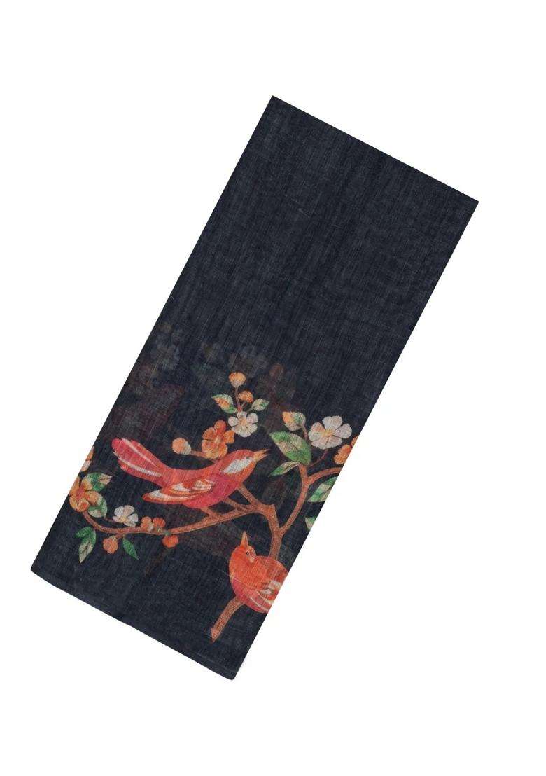Black Printed Synthetic Linen Saree With Bird Motifs For Women - Indya