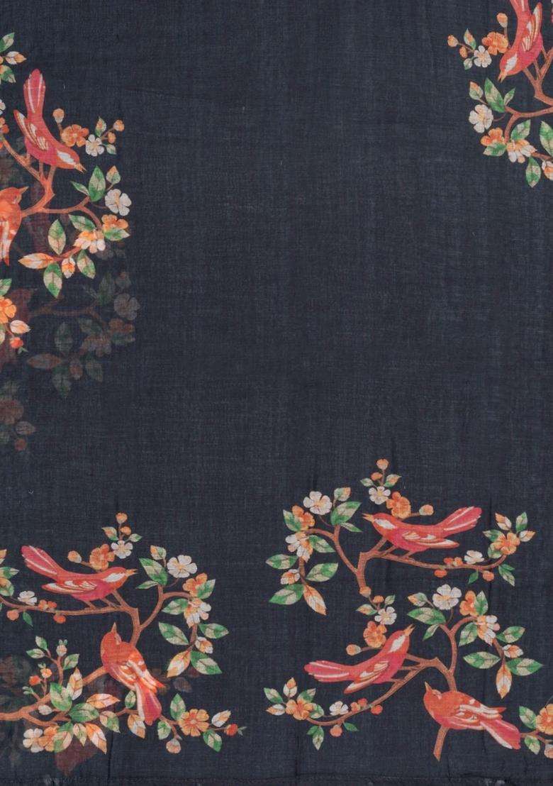Black Printed Synthetic Linen Saree With Bird Motifs For Women - Indya