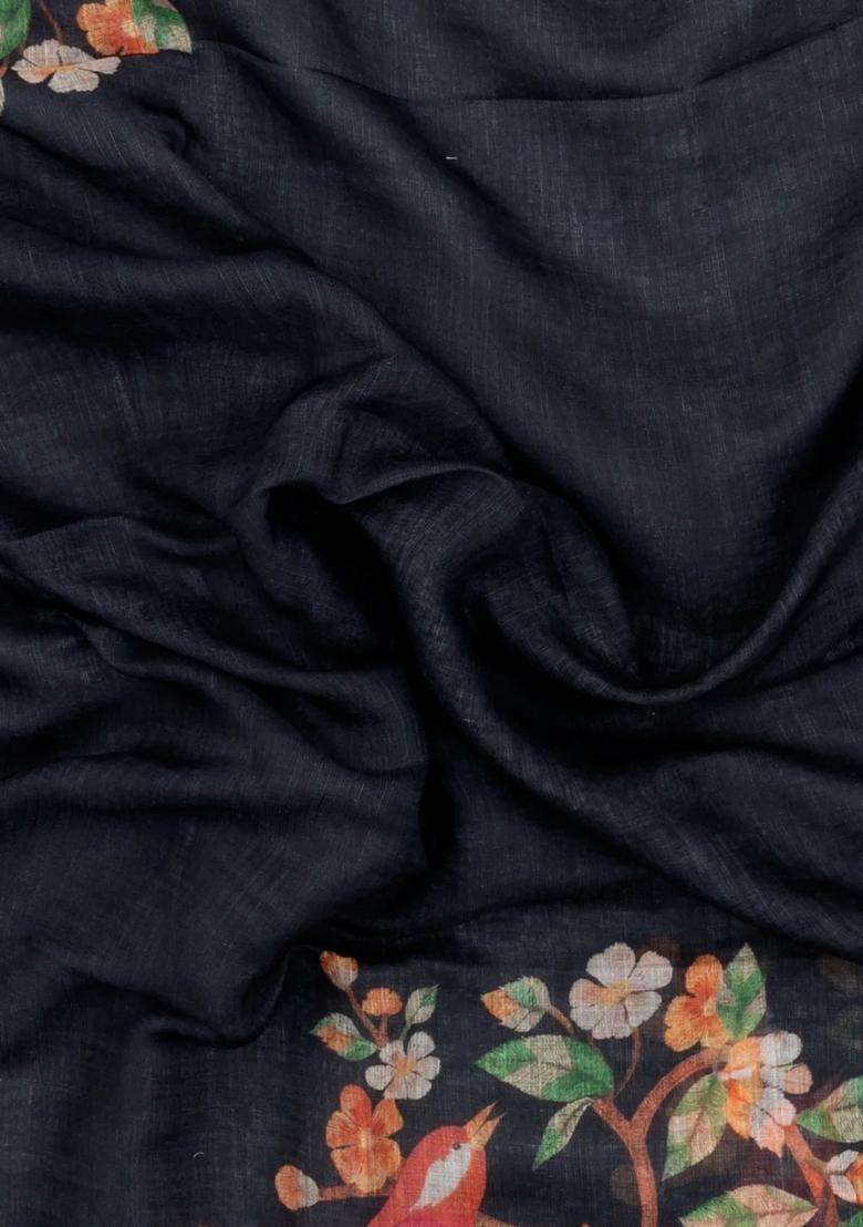 Black Printed Synthetic Linen Saree With Bird Motifs For Women - Indya