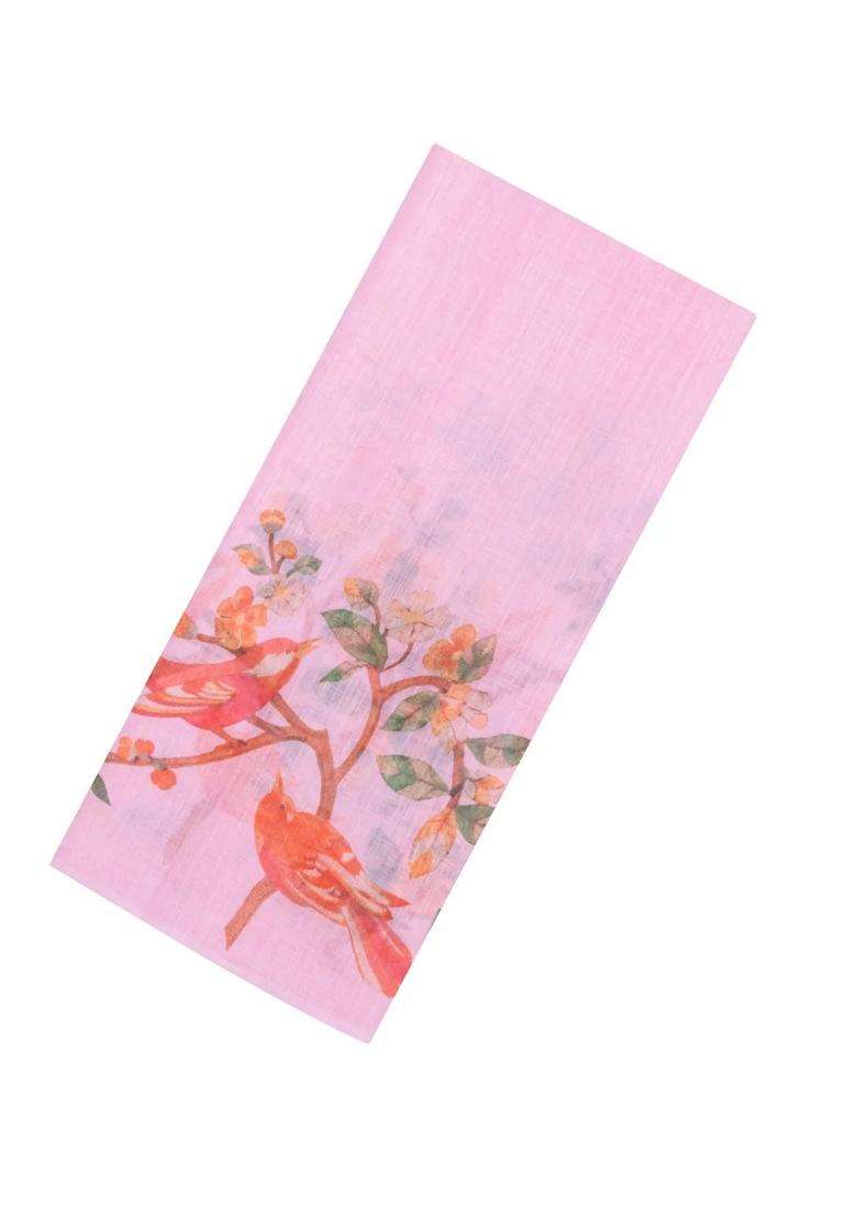 Baby Pink Printed Synthetic Linen Saree With Bird Motifs For Women - Indya