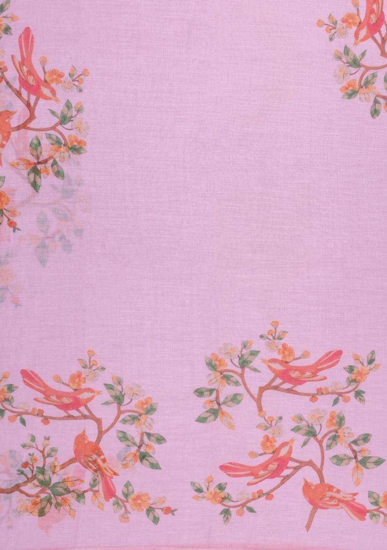 Baby Pink Printed Synthetic Linen Saree With Bird Motifs For Women - Indya