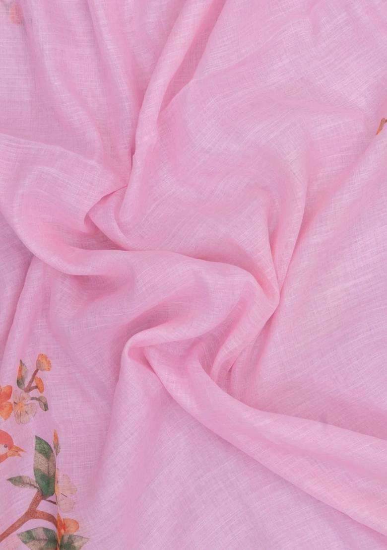 Baby Pink Printed Synthetic Linen Saree With Bird Motifs For Women - Indya