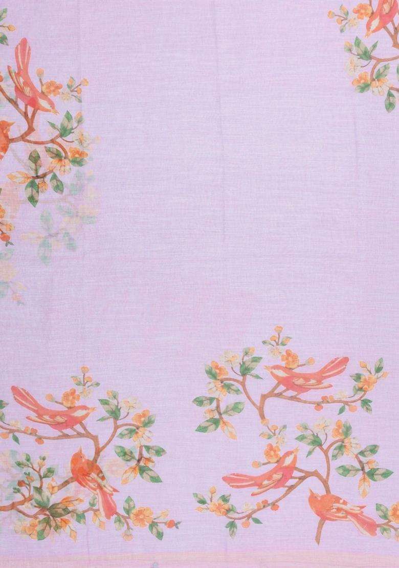 Lavander Lavender Printed Synthetic Linen Saree With Bird Motifs For Women - Indya