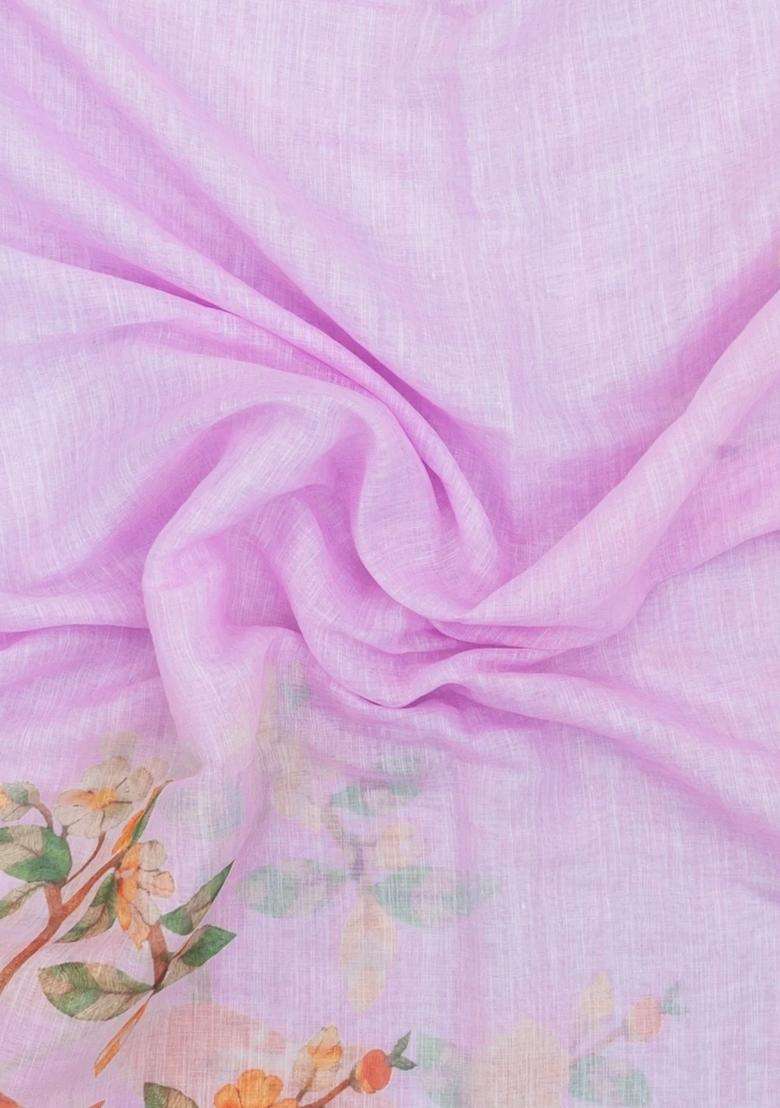 Lavander Lavender Printed Synthetic Linen Saree With Bird Motifs For Women - Indya