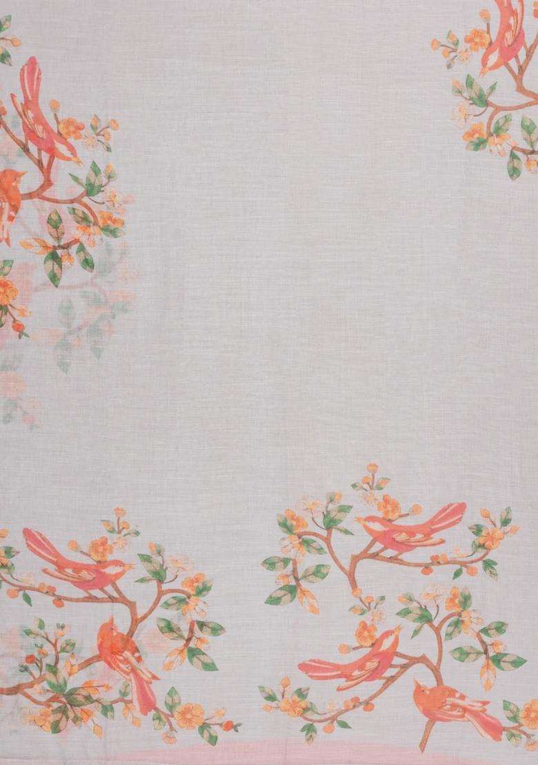 Off White Printed Synthetic Linen Saree With Bird Motifs For Women - Indya