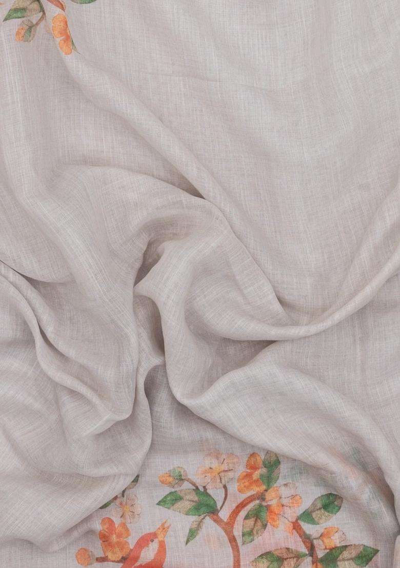 Off White Printed Synthetic Linen Saree With Bird Motifs For Women - Indya