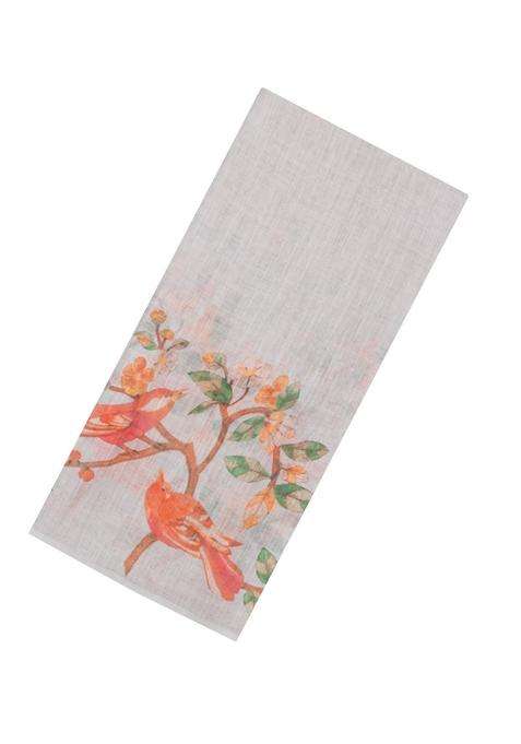 Off White Printed Synthetic Linen Saree With Bird Motifs For Women