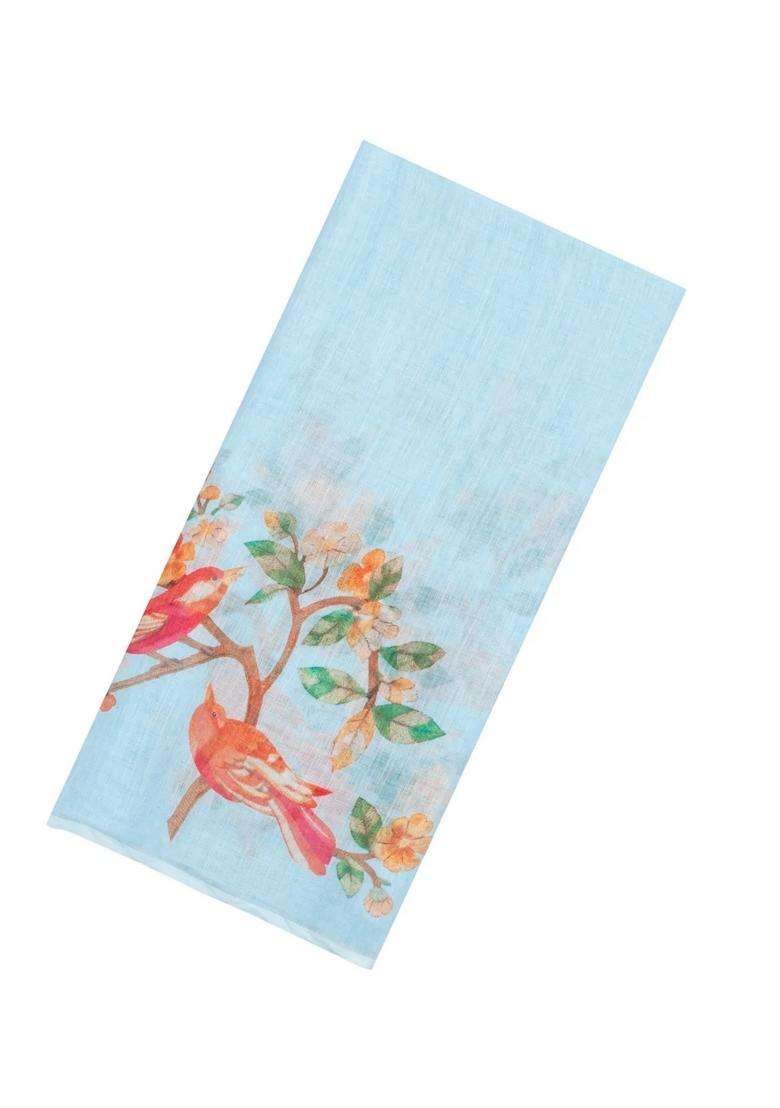 Turquoise Printed Synthetic Linen Saree With Bird Motifs For Women - Indya