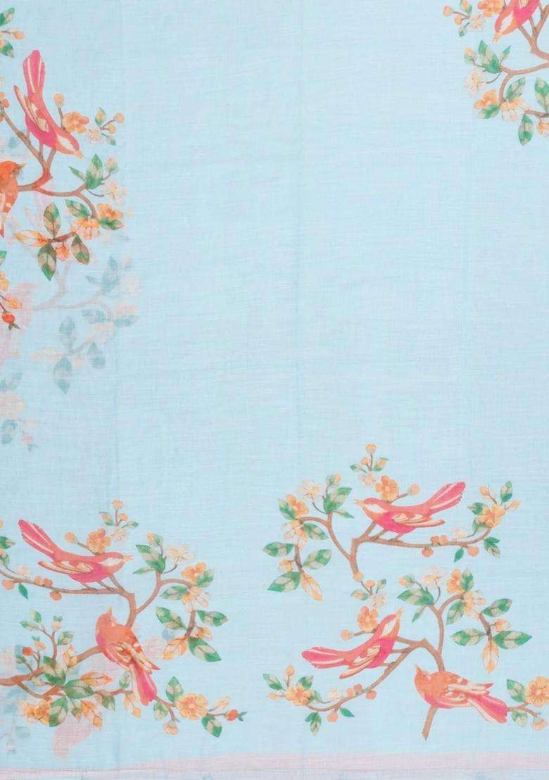 Turquoise Printed Synthetic Linen Saree With Bird Motifs For Women - Indya