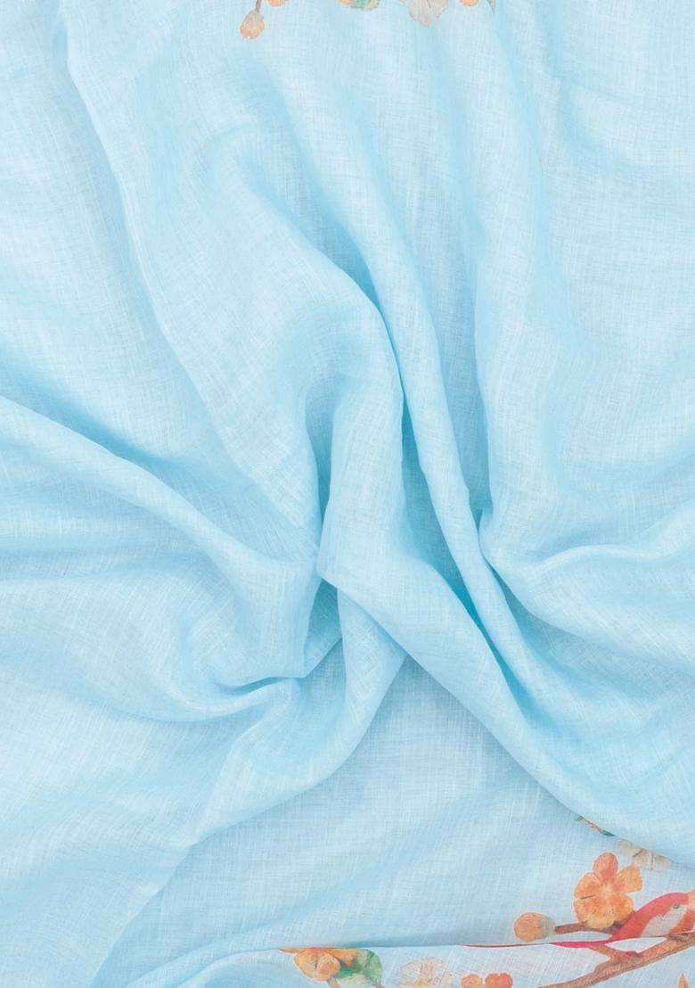 Turquoise Printed Synthetic Linen Saree With Bird Motifs For Women - Indya